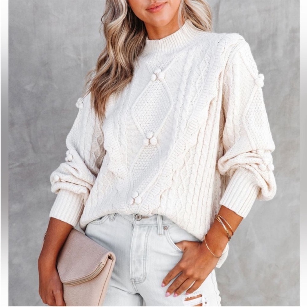 Vici Cream Cable Knit Pom Detail Turtleneck Sweater